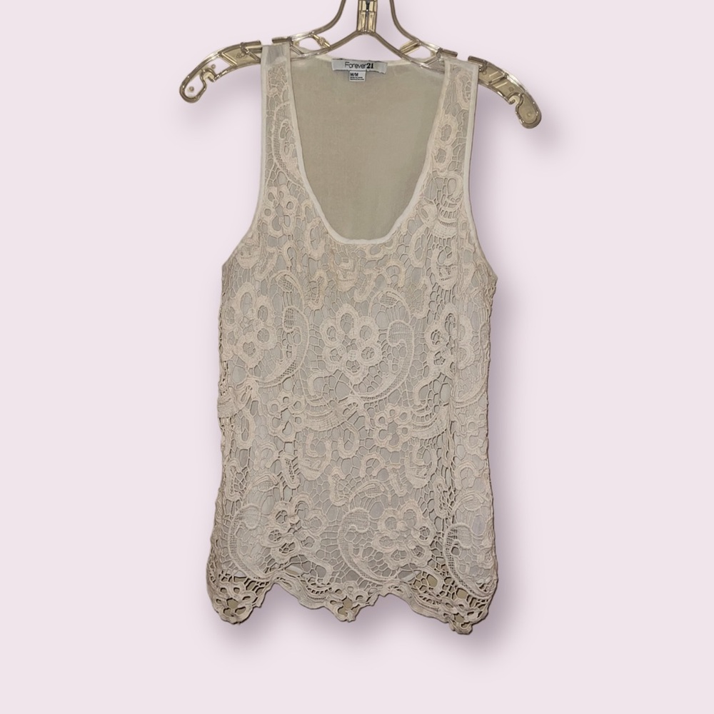 Forever 21 Sheer Cream Ivory Lace Tank Top